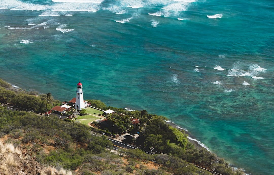 View on the Diamond Head Lighthouse from the Diamond Head volcanic cone on the Hawaiian island of O'ahu 